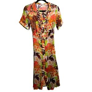 Groovy Flower Power Sheer Chiffon Silk Dress Ruffle Front Button Up Boho Chic XS